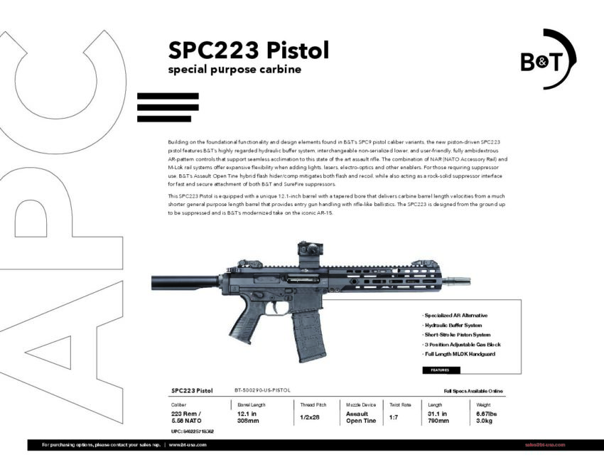 B&T SPC223 Pistol 12.1” Barrel Cal. .223 Rem./5.563x45mm BT-500290-US